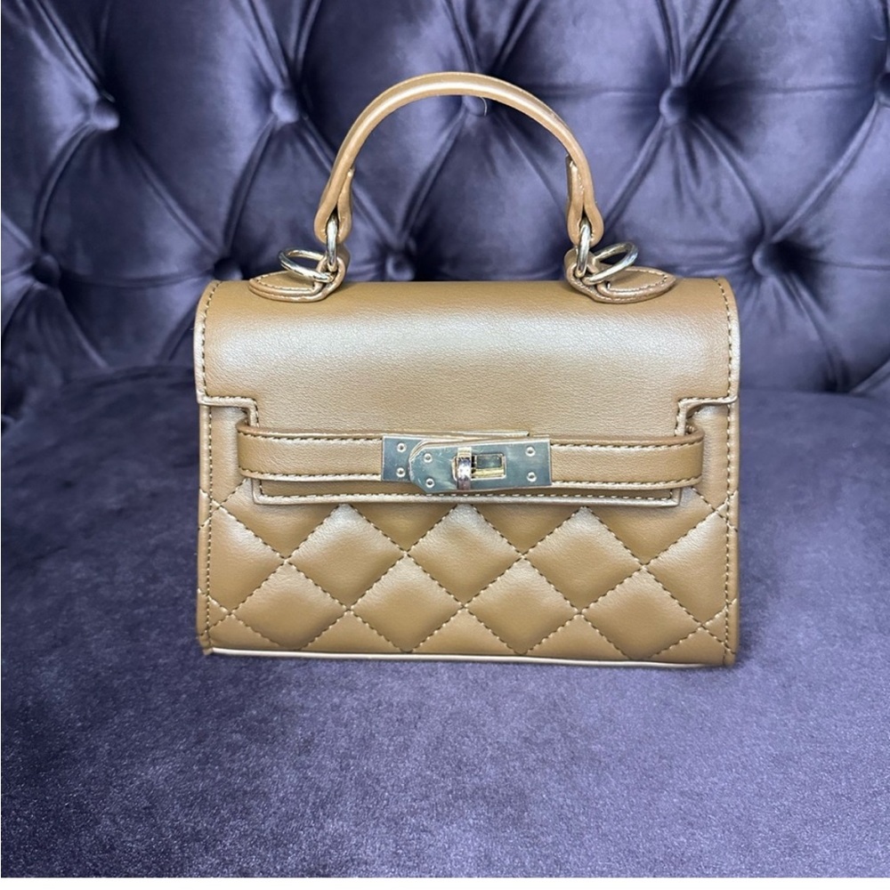 Brown Quilted Mini Purse Gold Hardware Crossbody strap 8” x 10”
